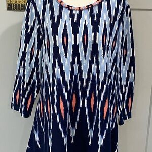 Ruby Rd. Navy and Coral Ikat Tunic ladie’s PL 3/4 sleeve